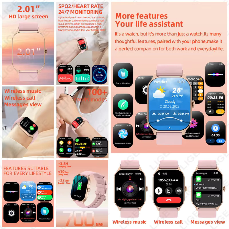 LIGE Smartwatch, Bluetooth, Pink, Silikon, 1 ATM, Unisex - Bild 5