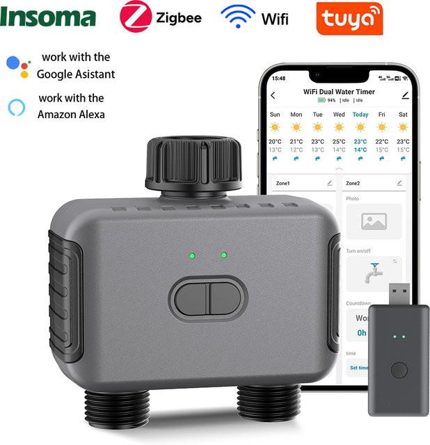 Insoma Zigbee Automatischer Wasser Timer mit Wifi für die Gartenbewässerung, IPX5 Sprinkler Programmierer in Grau - Bild 1