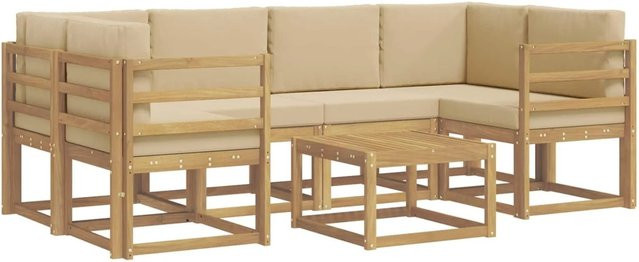 vidaXL Outdoor-Sofagarnitur aus Akazienholz in L-Form mit Kissen und Couchtisch, 7-teiliges Set, Weiß und Beige - Bild 1