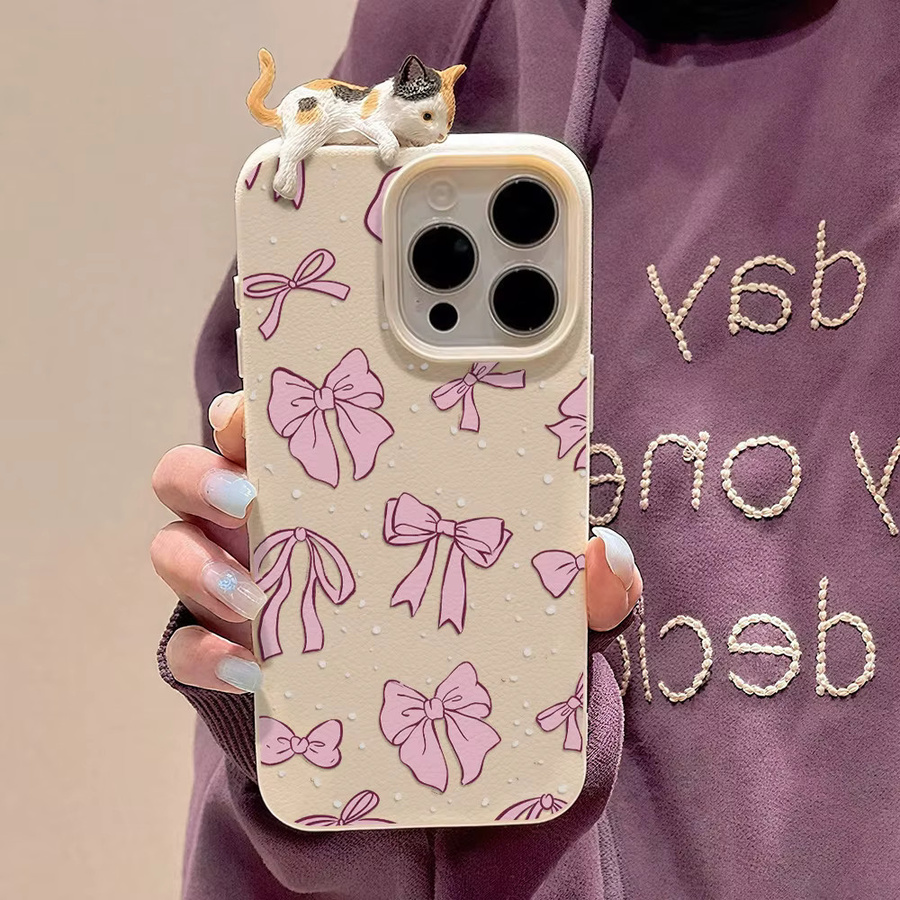 Weiche 3D Silikonhülle mit Schleifen- und Katzenmotiv für iPhone 11 bis iPhone 17 Pro Max in Rosa oder Grün - Bild 4