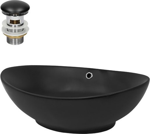 LuxeBath Keramik Waschbecken Schwarz mit Ablaufgarnitur und Überlauf B: 59 cm, T: 38 cm, H: 19 cm - Bild 1