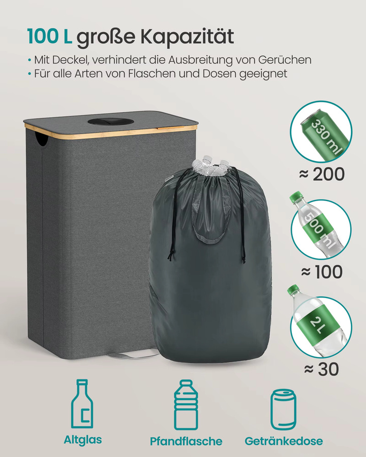 SONGMICS Flaschencontainer mit Deckel und Innensack, Recycling-Behälter für die Küche, grau-beige, Volumen: 100 l, B: 42,0 cm, T: 70,5 cm, H: 42,0 cm - Bild 3