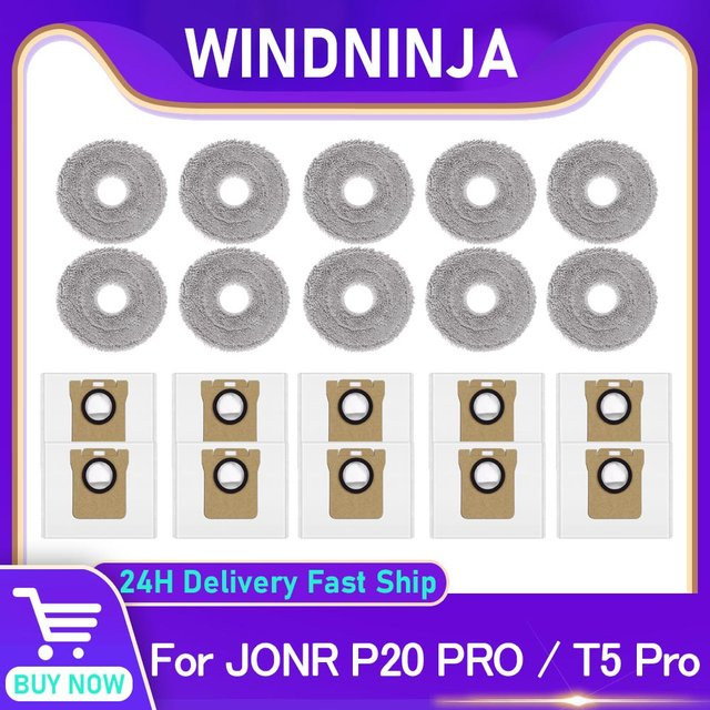 WINDNINJA Ersatzteil-Set für JONR P20 PRO und JONR T5 Pro Roboterstaubsauger mit Staubbeuteln und Mopp-Pads in Weiß - Bild 1