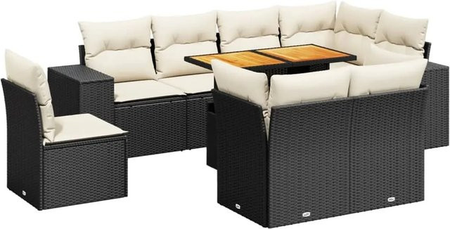 vidaXL 9-tlg. Garten-Sofagarnitur in L-Form aus Poly-Rattan und Akazienholz mit Kissen in Schwarz-Creme - Bild 1