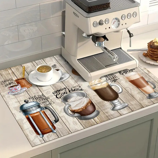 VIKAMA Vintage Küchenmatte mit Kaffeemotiv in Multicolour, saugfähig und schnell trocknend mit Holzmaserung-Design - Bild 1