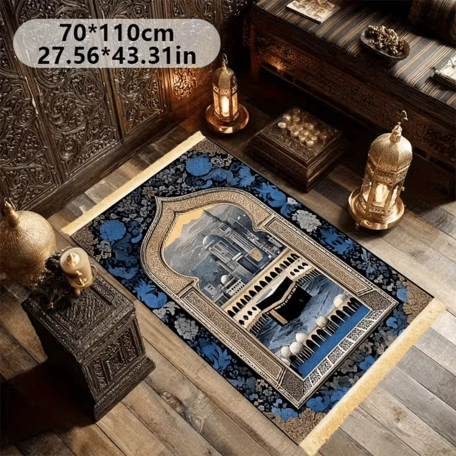 VIKAMA Gebetsteppich mit Kaaba-Muster in Blau, tragbare islamische Salah-Matte mit Quasten im orientalischen Design - Bild 3