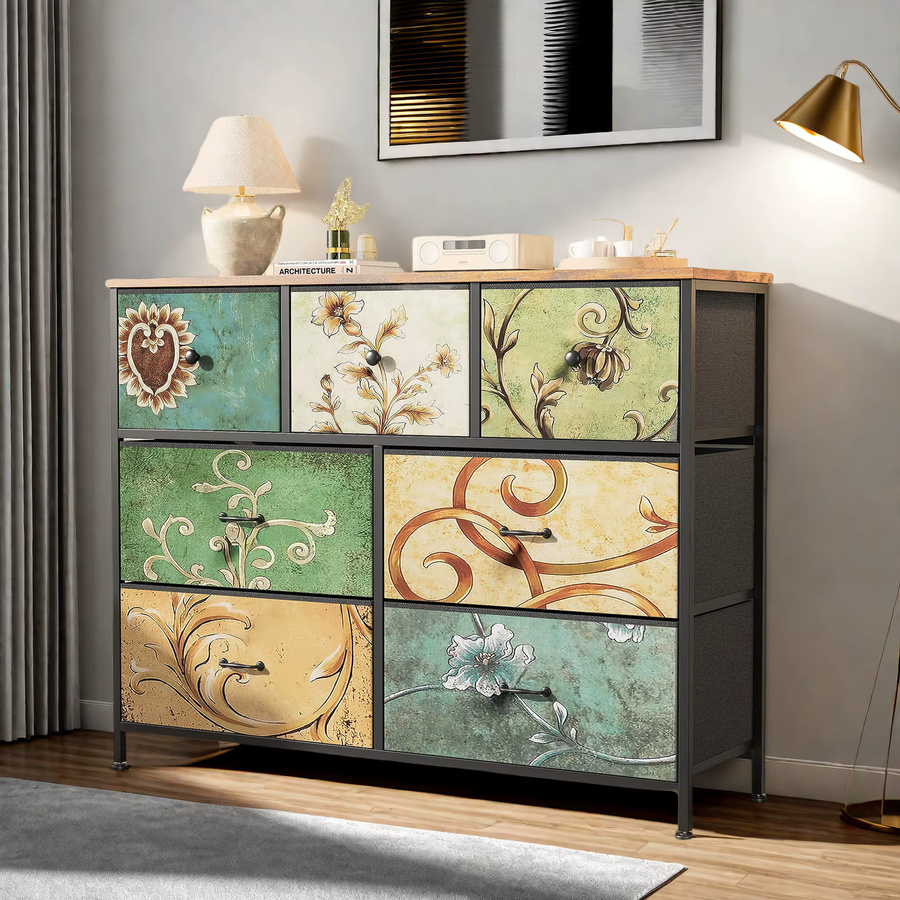 Rosahqnda Boho Kommode mit Schubladen aus Holz und Metall mit floralem Design - Bild 3