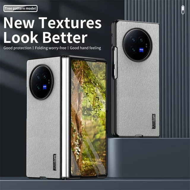 Schutzhülle aus Leder und Holz mit Muster für vivo x falten 3 pro, x falten 2 und x falten x flip 4g 5g in Braun, Blau oder Grau - Bild 1