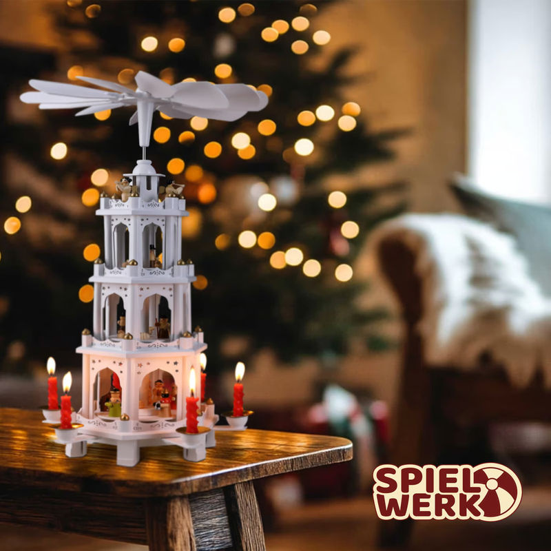 Spielwerk® Kerstpiramide XL in Weiß mit Engel-Motiv aus Holz und Metall für Weihnachten und Advent, H: 60 cm, B: 20 cm, T: 20 cm - Bild 2