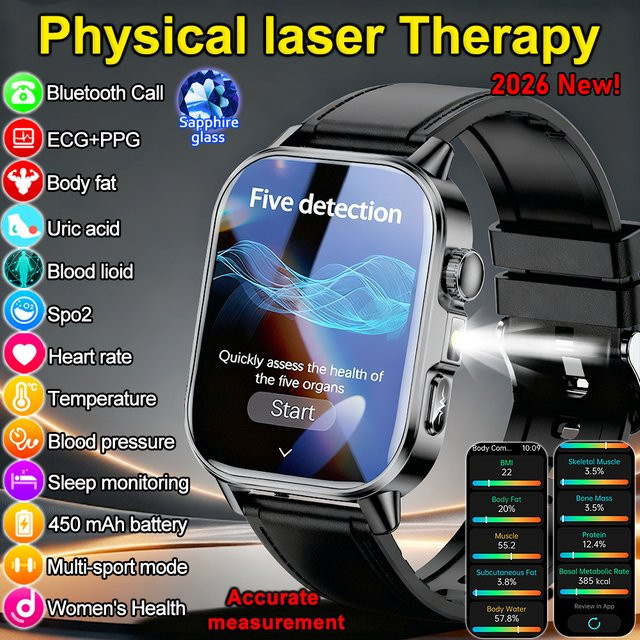 Yaocx Smartwatch mit EKG, PPG und Gesundheitsanalyse für Blutdruck, Fett und Harnsäure, inklusive kabelloser Anruffunktion, Unisex, Blau oder Schwarz - Bild 1