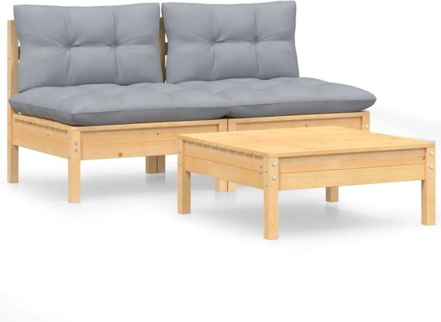 vidaXL 3-tlg Garten-Lounge-Set aus Kiefernholz mit grauen Polstern in Braun-Grau - Bild 1