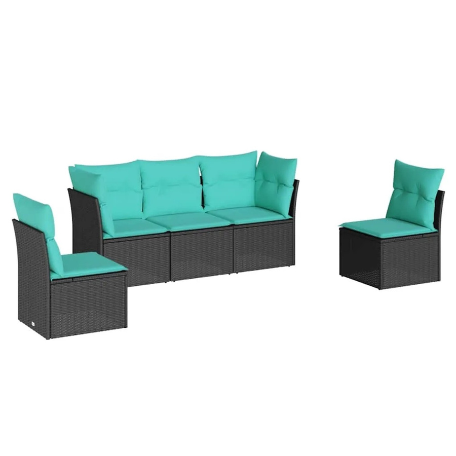 vidaXL 5-teilige Garten-Sofagarnitur in L-Form aus Poly-Rattan mit Kissen in Schwarz und Blau - Bild 1