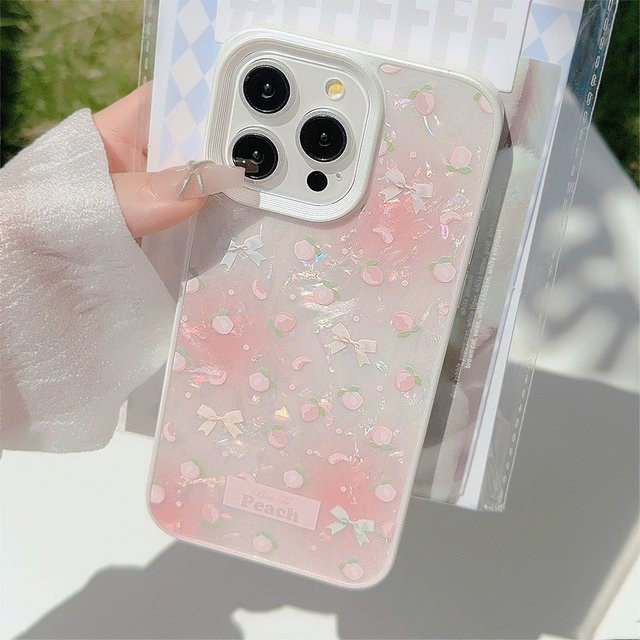 MUQGEW Handyhülle mit rosa Schleife und Pfirsichmuschel-Muster für iPhone 16, 15, 14, 13, 12, 11 Pro Max, stoßfeste Schutzhülle in Pink - Bild 1