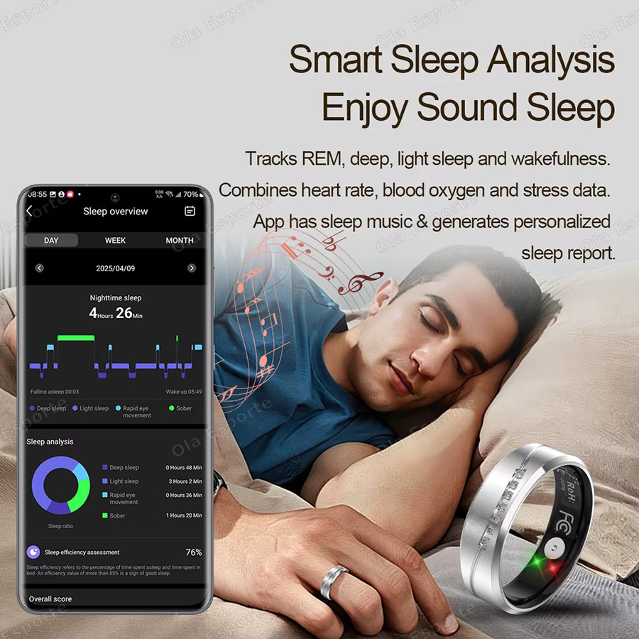 Ola Esporte Smartring Gold mit Vibrations-Erinnerung, Herzfrequenz-, Blutdruck- und Sauerstoffmessung sowie Schlafmonitor und Selfie-Fernbedienung, wasserdicht, Unisex - Bild 4
