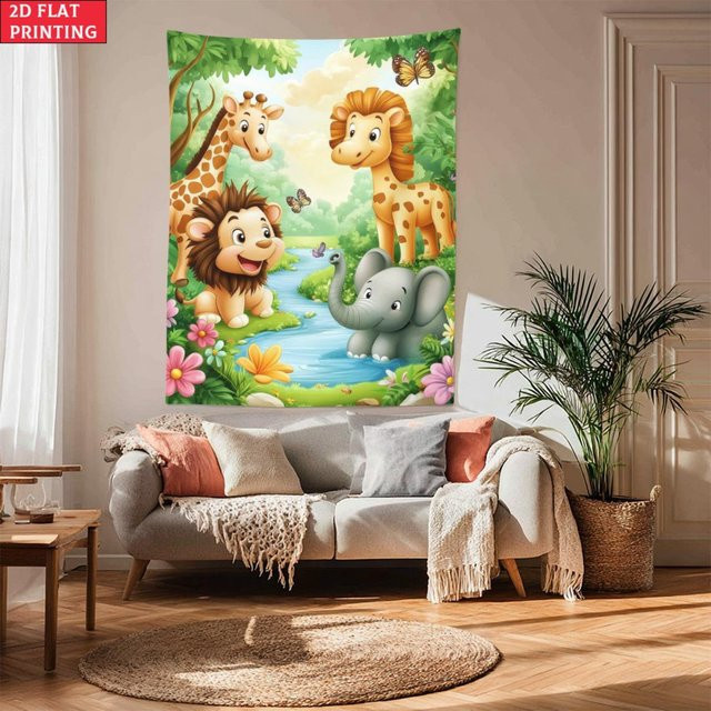 JMG Household Supplies Wandteppich mit Cartoon Dschungeltieren für das Kinderzimmer, Design mit Löwe, Elefant und Giraffe, Mehrfarbig, Breite: 70 cm, Höhe: 100 cm - Bild 1