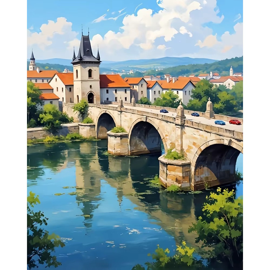 Huacan Malen nach Zahlen Set Landschaft mit Brücke, Haus und Fluss als handgemaltes digitales Ölgemälde auf Leinwand, Mehrfarbig - Bild 5