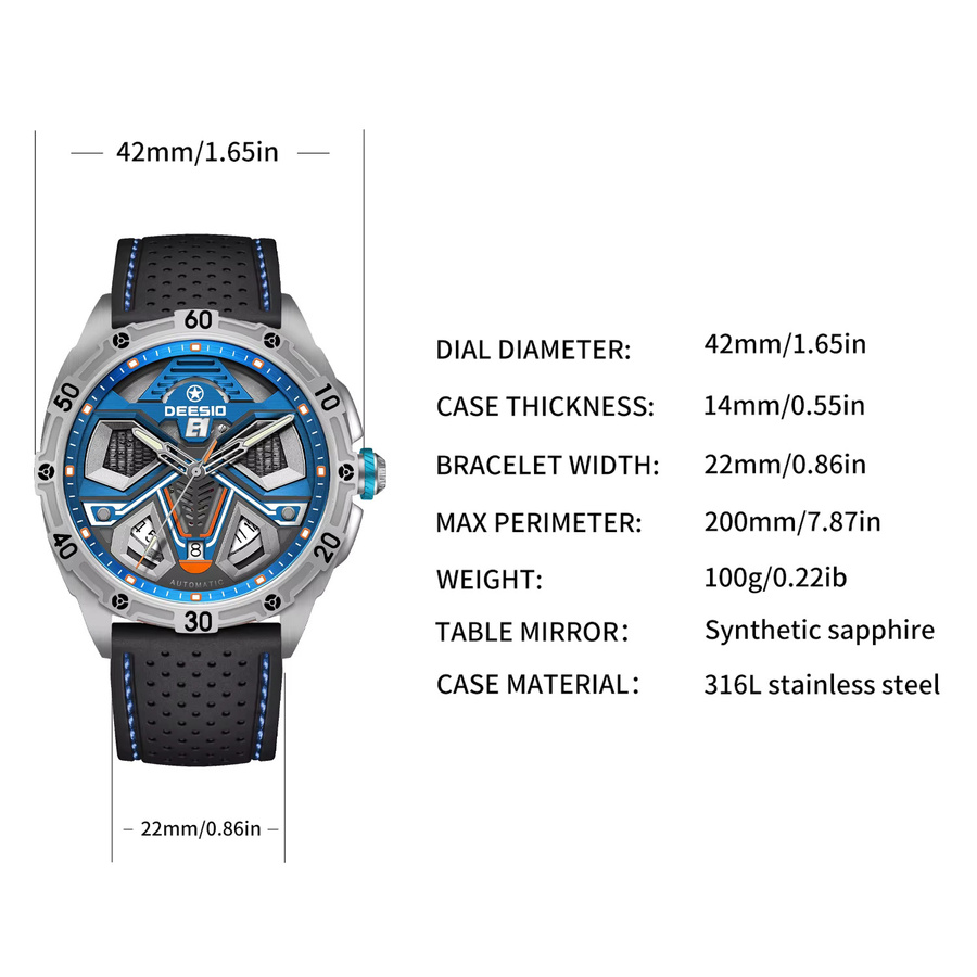 Deesio Armbanduhr, Automatik, Edelstahl, Saphirglas, Blau, Herren - Bild 6