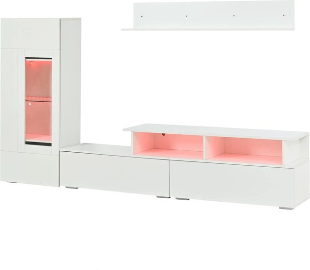 okwish TV Wohnwand Set mit LED Hochglanz Vitrine für 75 Zoll in Weiß, B/T/H: 180 x 40 x 50 cm - Bild 1