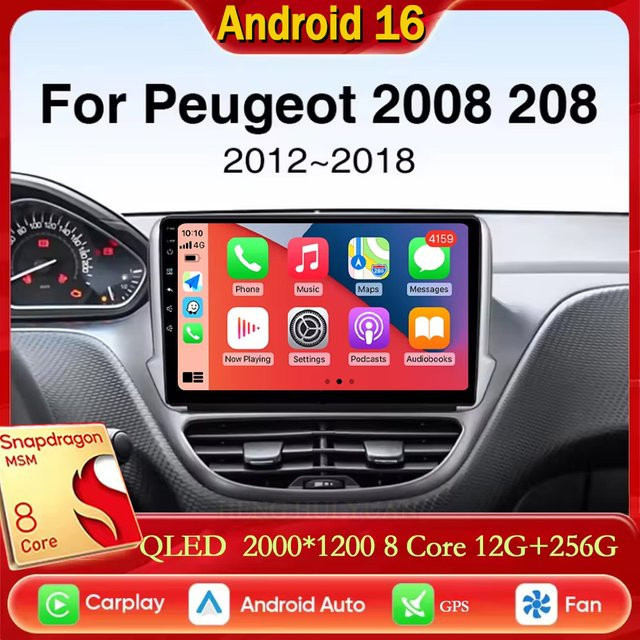 TIEYEZ Android 16 Autoradio Multimedia-Player mit Android Auto und CarPlay für Peugeot 208 2008 in Schwarz - Bild 1