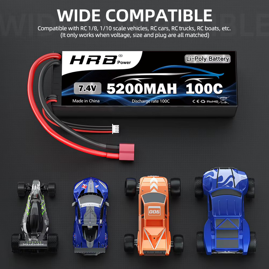 HRB 2S 7,4 V LiPo Akku 5200 mAh 100C mit T Deans Stecker Hardcase für RC Auto und Lkw 1/10 1/12 Schwarz - Bild 3