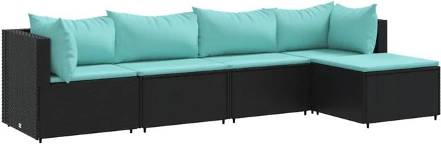 vidaXL 5-tlg. Garten-Lounge-Set in L-Form mit Polstern und Ottoman, Schwarz und Blau, Poly-Rattan mit Metallgestell - Bild 1