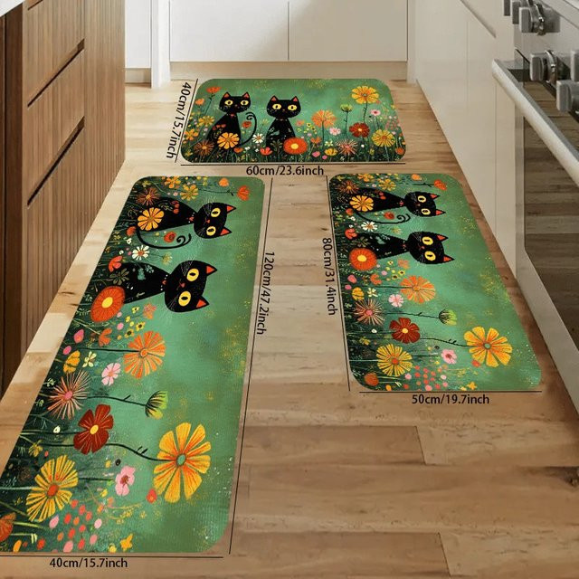 VIKAMA Teppich-Set mit schwarzem Katzen-Design in Dunkelgrün für Küche und Wohnzimmer - Bild 1