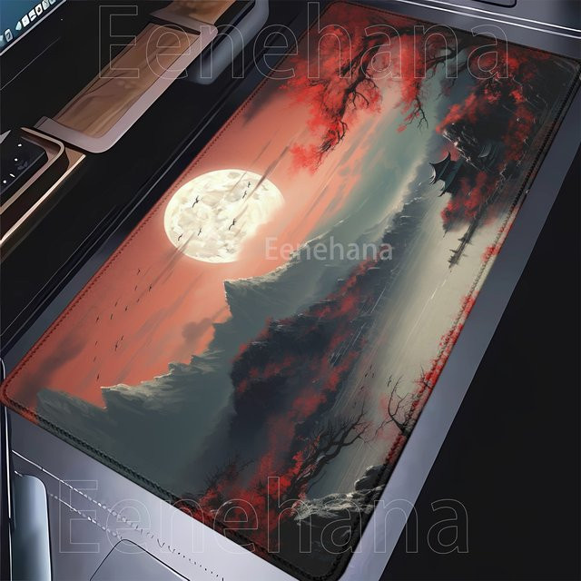 Eenehana Mauspad mit roter und schwarzer Kunstlandschaft und Sonnenuntergang, großes Anti-Rutsch-Mauspad mit HD-Druck und Overlock-Rand für Schreibtisch und Tastatur - Bild 1