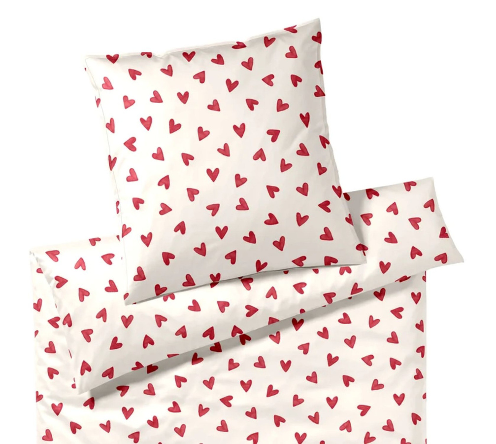 Elegante Mako-Satin Bettwäsche Cherie Himbeerrot mit Herzen, Set bestehend aus Bettbezug und Kopfkissen, Farbe: Himbeerrot und Weiß, B/H: 135 x 200 cm, Kissen: 80 x 80 cm - Bild 1