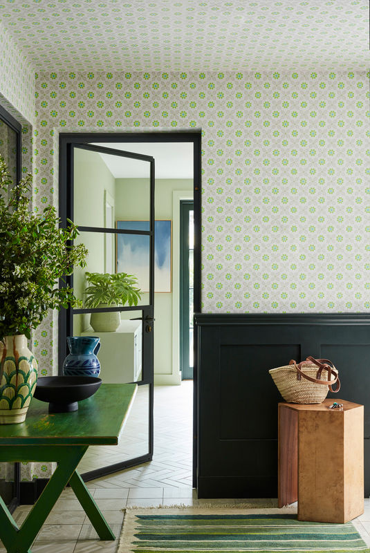 Little Greene Tapete Ditsy Block Phthalo in Blau und Grün mit floralem Vintage-Botanical-Muster aus Vlies - Bild 2