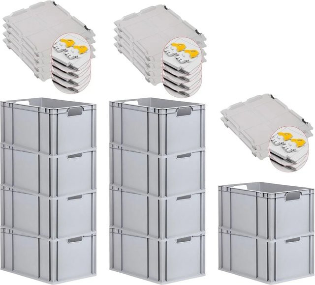 PROREGAL Spar Set 10x Eurobox Nextgen Economy mit Scharnierdeckel und gelben Schiebeschnappverschlüssen, Grau, H x B x T: 32 x 40 x 60 cm - Bild 1