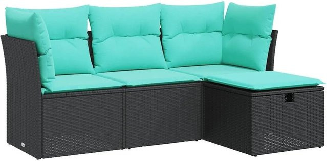 vidaXL 4-teilige Garten-Sofagarnitur aus Poly-Rattan mit Kissen in Schwarz und Blau/Türkis - Bild 1