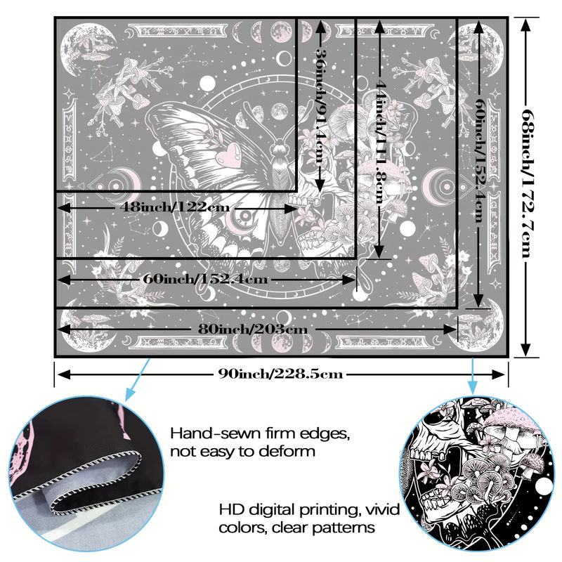 VIKAMA Gothic Bohemian Wandteppich mit rosa Totenköpfen, schwarzen Schmetterlingen und floralen Pilzmotiven in Textil, B/H: 160 x 140 cm - Bild 5