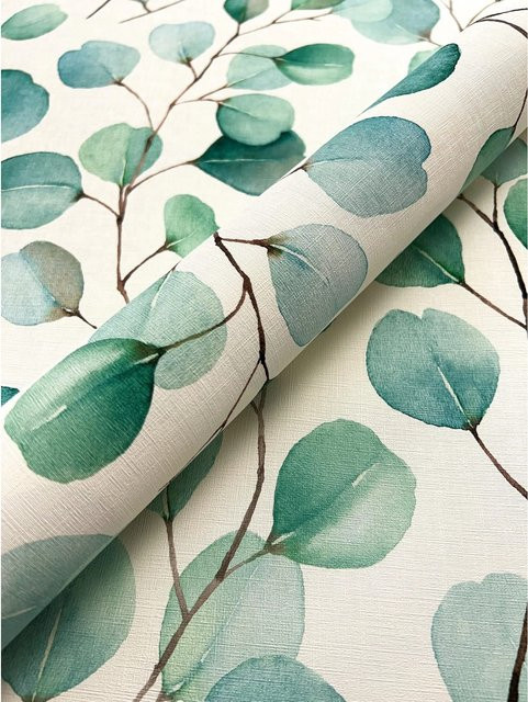 Newroom Vliestapete Leora in Türkis mit floralem Eukalyptus-Muster, FSC-zertifiziert - Bild 1