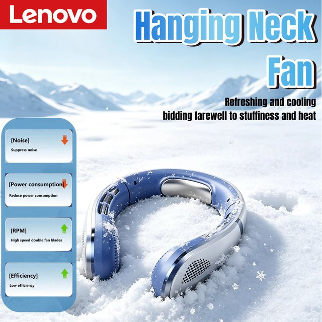 Lenovo Mini USB-Halsventilator mit 8000mAh Akku, LED-Digitalanzeige und Geräuschdämpfung in Blau - Bild 1