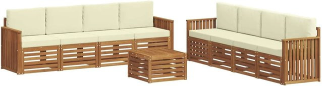 vidaXL Sofagarnitur 9-teilig aus Massivholz Akazie in Natur und Creme mit Tisch, Sesseln und Kissen im modernen Latten-Design - Bild 1