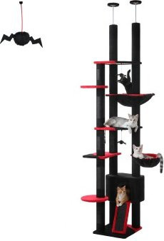 Pawz Road Deckenhoher Katzenbaumturm in Schwarz mit Hängematte, Höhle und integriertem Spielzeug aus Sisal - Bild 1