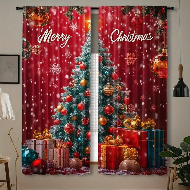 2er-Set Weihnachts-Vorhänge mit Rentier, Weihnachtsmann und Schneemann Motiv in Rot, Digitaldruck, halbtransparent, Breite: 100 cm, Höhe: 130 cm - Bild 1