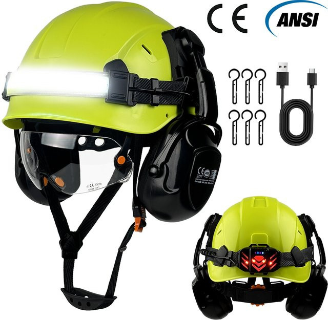 CE-Schutzhelm aus ABS mit integrierter Schutzbrille, Ohrenschützern, LED-Scheinwerferstreifen und Warnrücklicht in Schwarz-Gelb - Bild 1