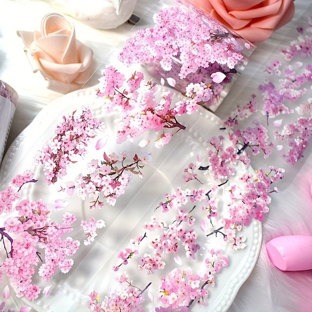 Sakura PET Washi Tape mit rosa Blumen, 2 m transparentes dekoratives Klebeband für Scrapbooking, Planer und DIY-Bastelarbeiten - Bild 1