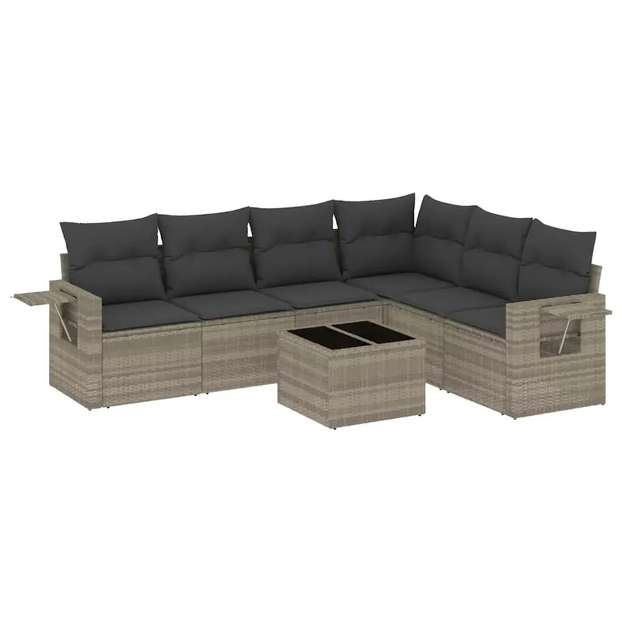 vidaXL 7-tlg. Garten-Sofagarnitur in L-Form aus PE-Rattan mit hellgrauen Kissen und pulverbeschichtetem Stahlgestell - Bild 2