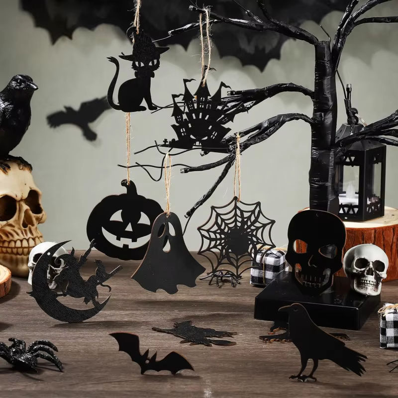 24 Stück Halloween-Hängedekorationen aus Holz in Schwarz mit Kürbis, Geist, Hexenhut, Spinne und Fledermaus als Seilgirlande für deine Party-Dekoration - Bild 3