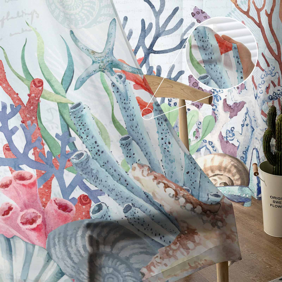 Luxus Chiffon Fenstervorhänge Marine Korallen im Sommer für Wohnzimmer und Schlafzimmer, transparent, B: 135 cm, H: 114 cm - Bild 2