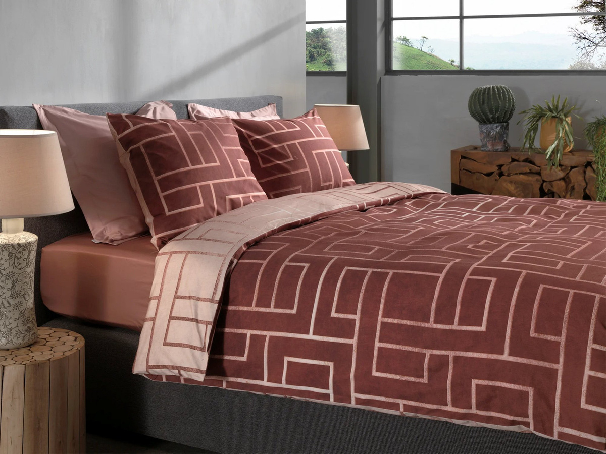 Heckett & Lane Twill Bettwäsche Roja Red Labyrinth Linien Wende Bettwäsche aus Baumwolle, Farbe: Rot, B/H: 155 x 220 cm, Kissen: 80 x 80 cm - Bild 1
