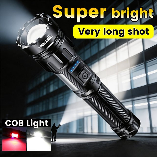VASTFIRE Taktische LED-Taschenlampe mit USB-Aufladung, Zoom-Funktion und Anzeigeleuchte in Schwarz - Bild 1