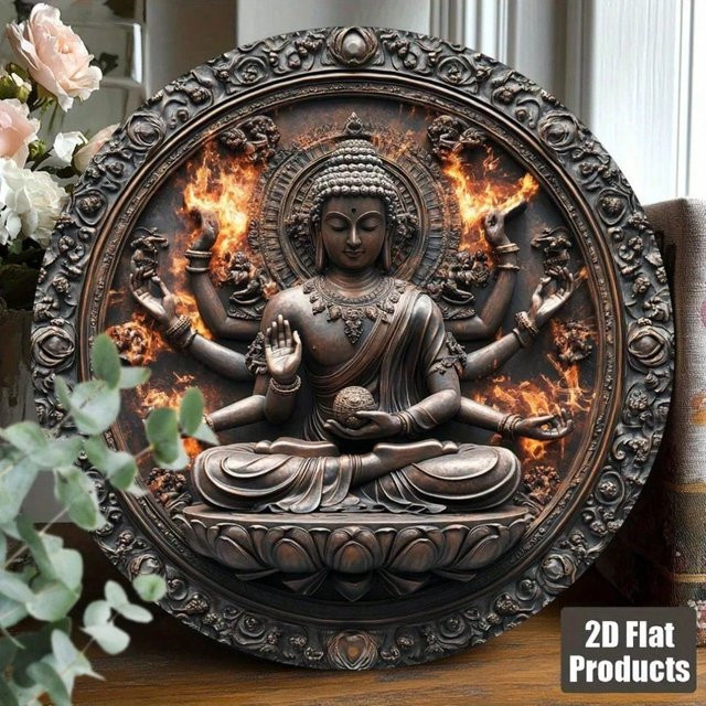 CIFBUY Vintage Tausendhändiger Buddha Aluminium-Schild, Runde Wanddekoration im Zen-Stil, Durchmesser: 20,32 cm - Bild 1
