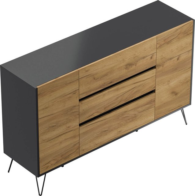 Posseik Sideboard Industrial mit 3 Schubladen und 2 Türen in Grafit und Eiche, Breite: 155 cm - Bild 1