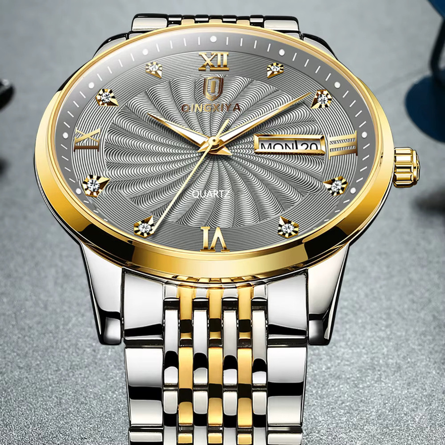 QINGXIYA Armbanduhr Quarz, Edelstahl, Grau, Herren, Wochentag, Datum - Bild 3