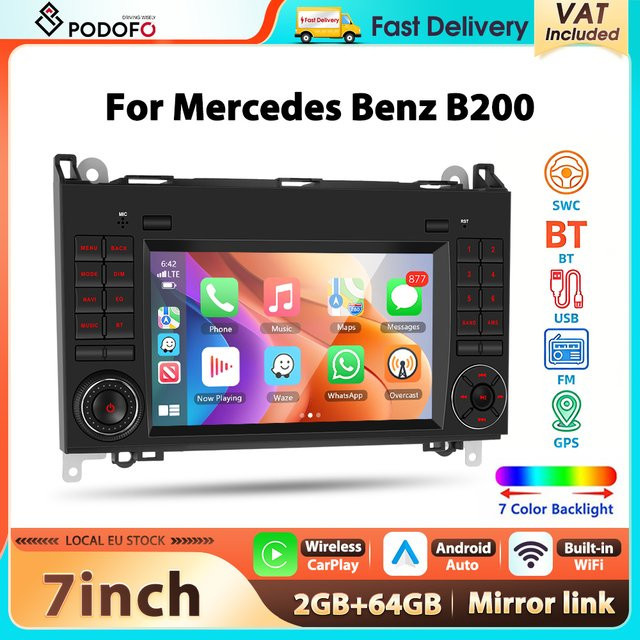 Podofo 7 Zoll Autoradio für Mercedes Benz B200 (2008-2011) mit 2+64GB Speicher, Android Auto, Carplay, WIFI, Bluetooth und GPS in Schwarz - Bild 1