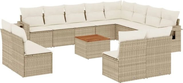 vidaXL 13-tlg. Garten-Sofagarnitur in L-Form aus Polyrattan und Akazienholz mit Kissen in Beige - Bild 1