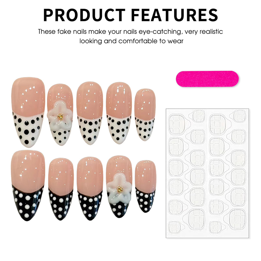 YADORNOS Künstliche Nägel, Polka-Dot-Design, schwarz-weiß, glänzend - Bild 4